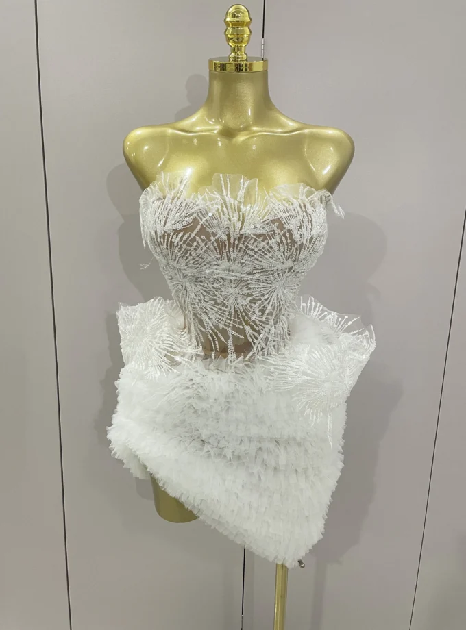 Stock Sexy White Lace Strapless Tops Ruffles Mini Skirt 2 PCS Set Women Evening Party Nightclub Singer Stage Performance Costume